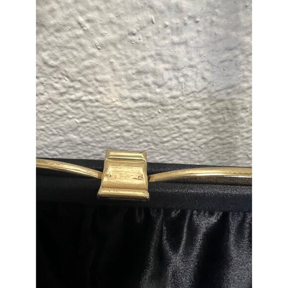 Vintage Black Satin Clutch Purse With Gold Chain Strap & Frame - Picture 2 of 7
